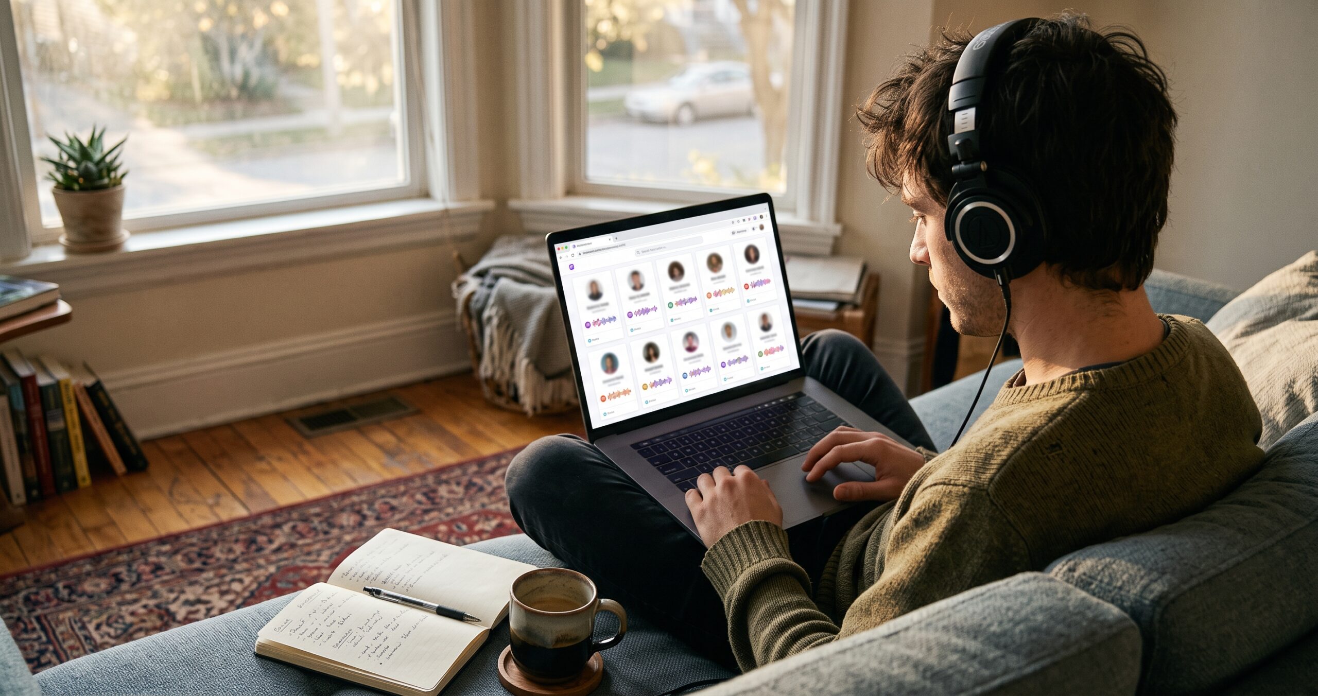 A musician on a couch browsing a grid of producer profiles on a laptop, headphones on, with a notebook of genre notes nearby.