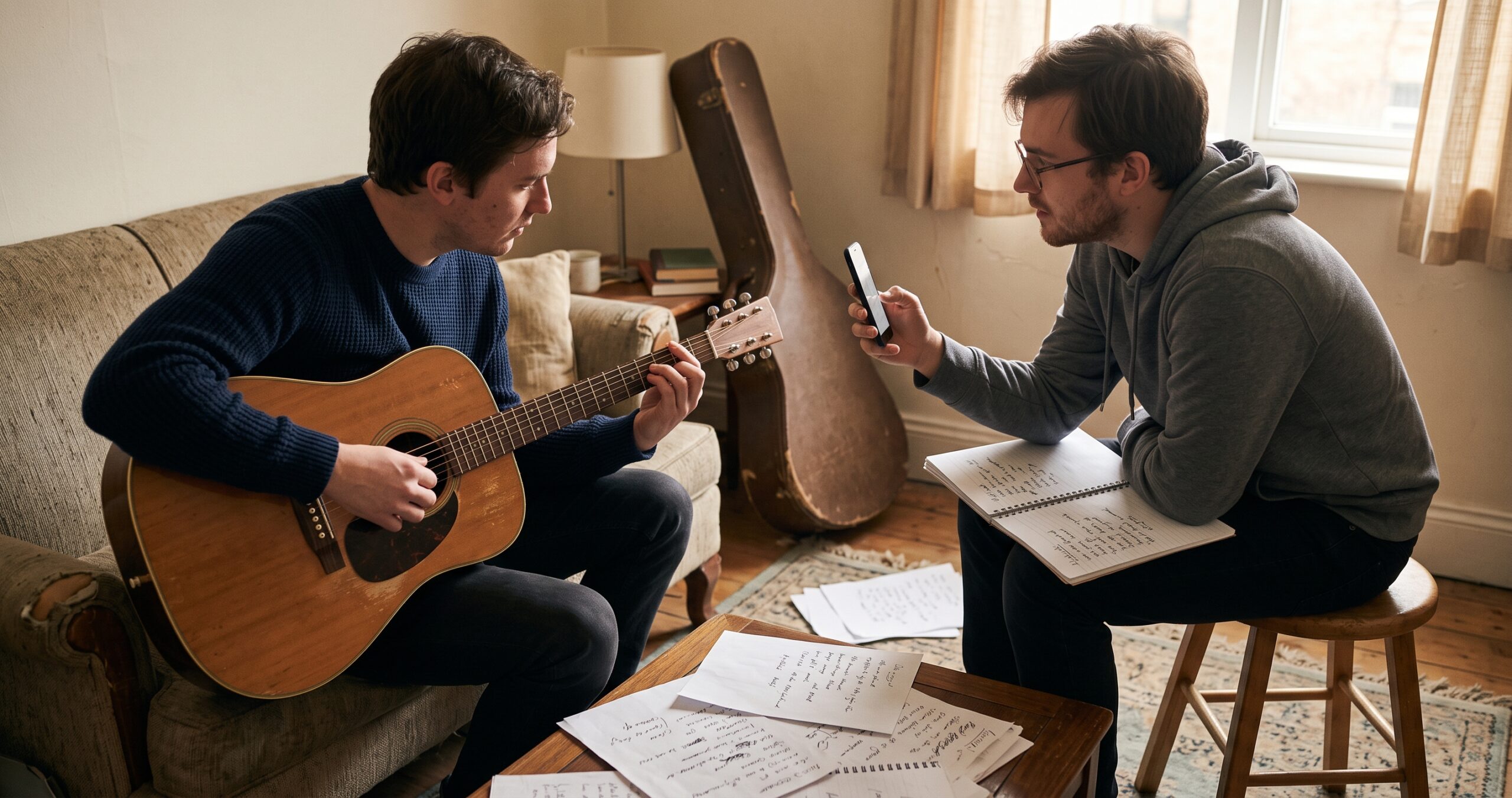 Two songwriters mid-session in a casual room, one playing acoustic guitar and the other recording a voice memo with a lyric notebook open.