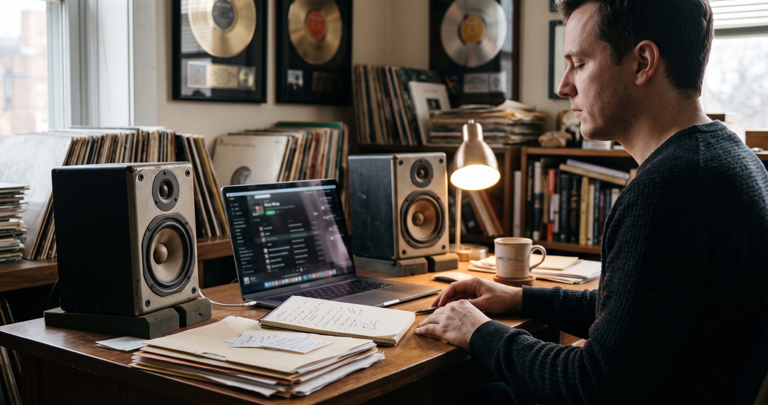 A person seen from behind, listening to demos through studio speakers at a desk with a laptop playlist, notebook, and shelves of records.