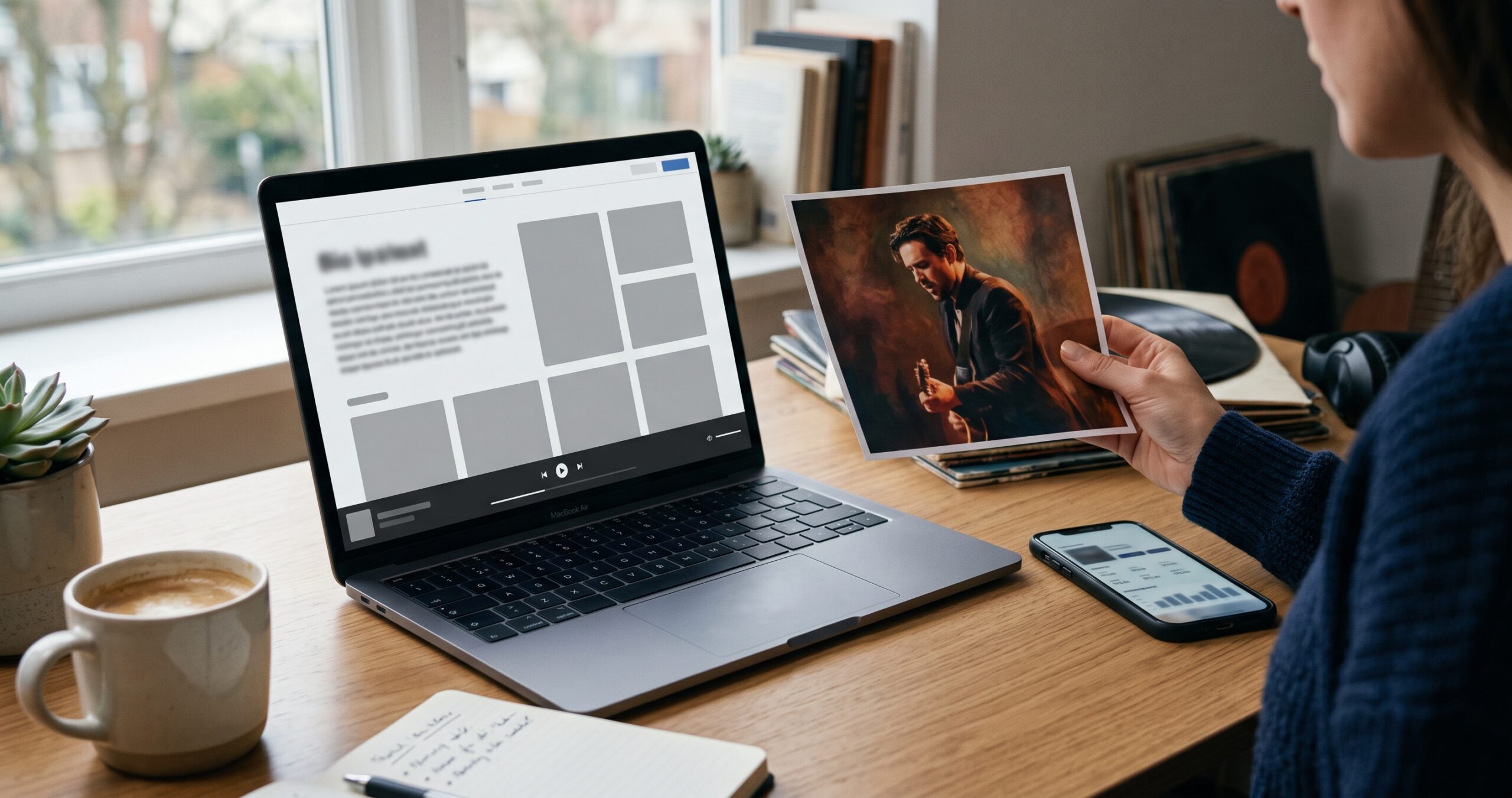 A hand holds a printed press photo beside a laptop showing a webpage layout with bio and photo placeholder blocks.