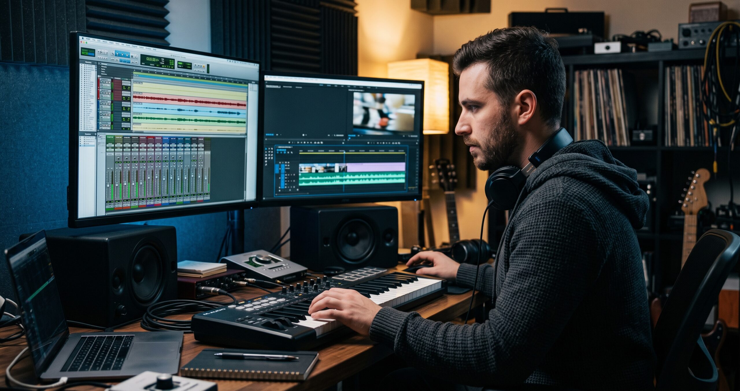 home producer creating music for video commercials