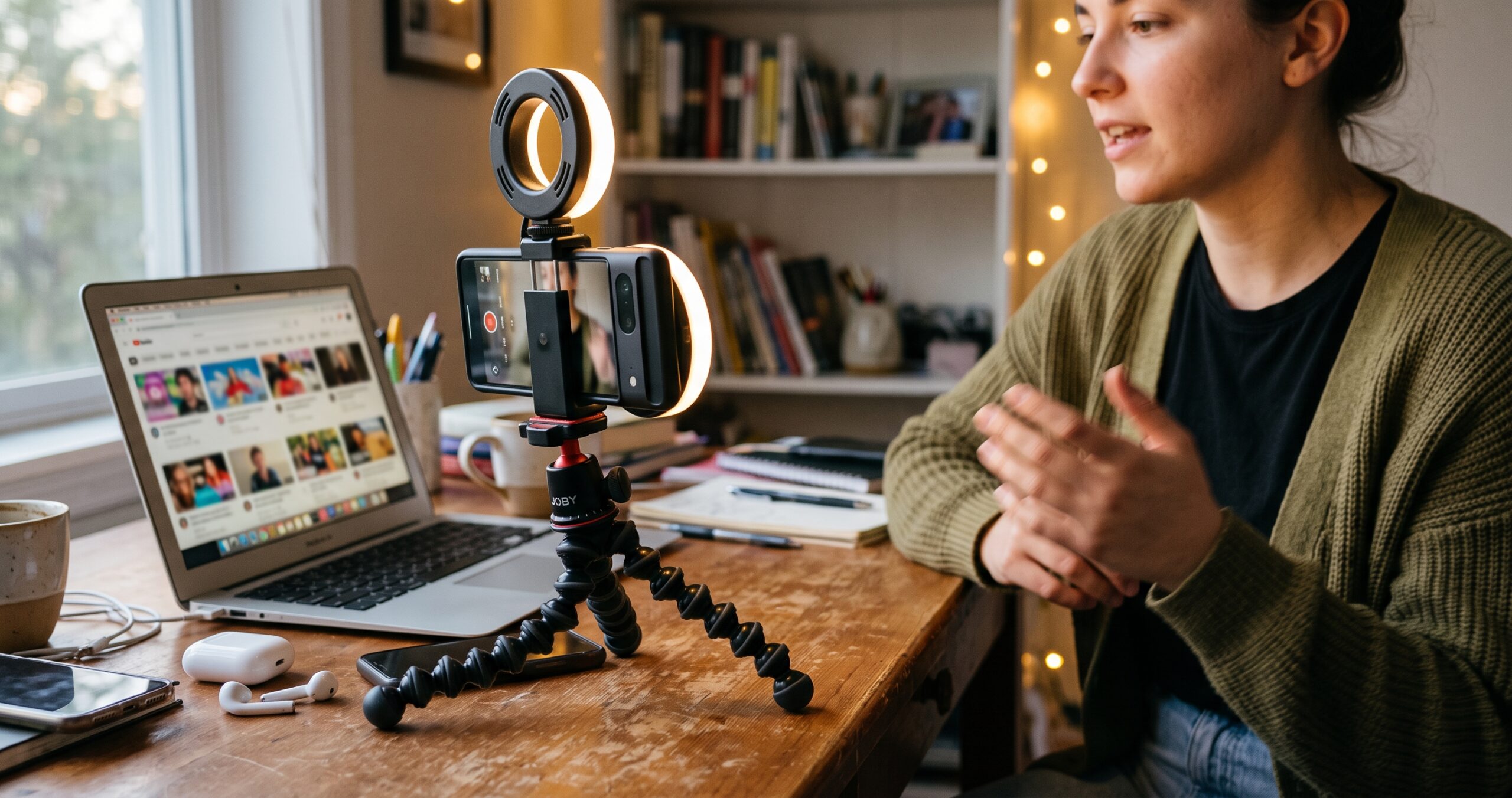 A phone on a ring-light tripod films a content creator mid-gesture in a casual home setup, with a laptop showing blurred video thumbnails nearby.