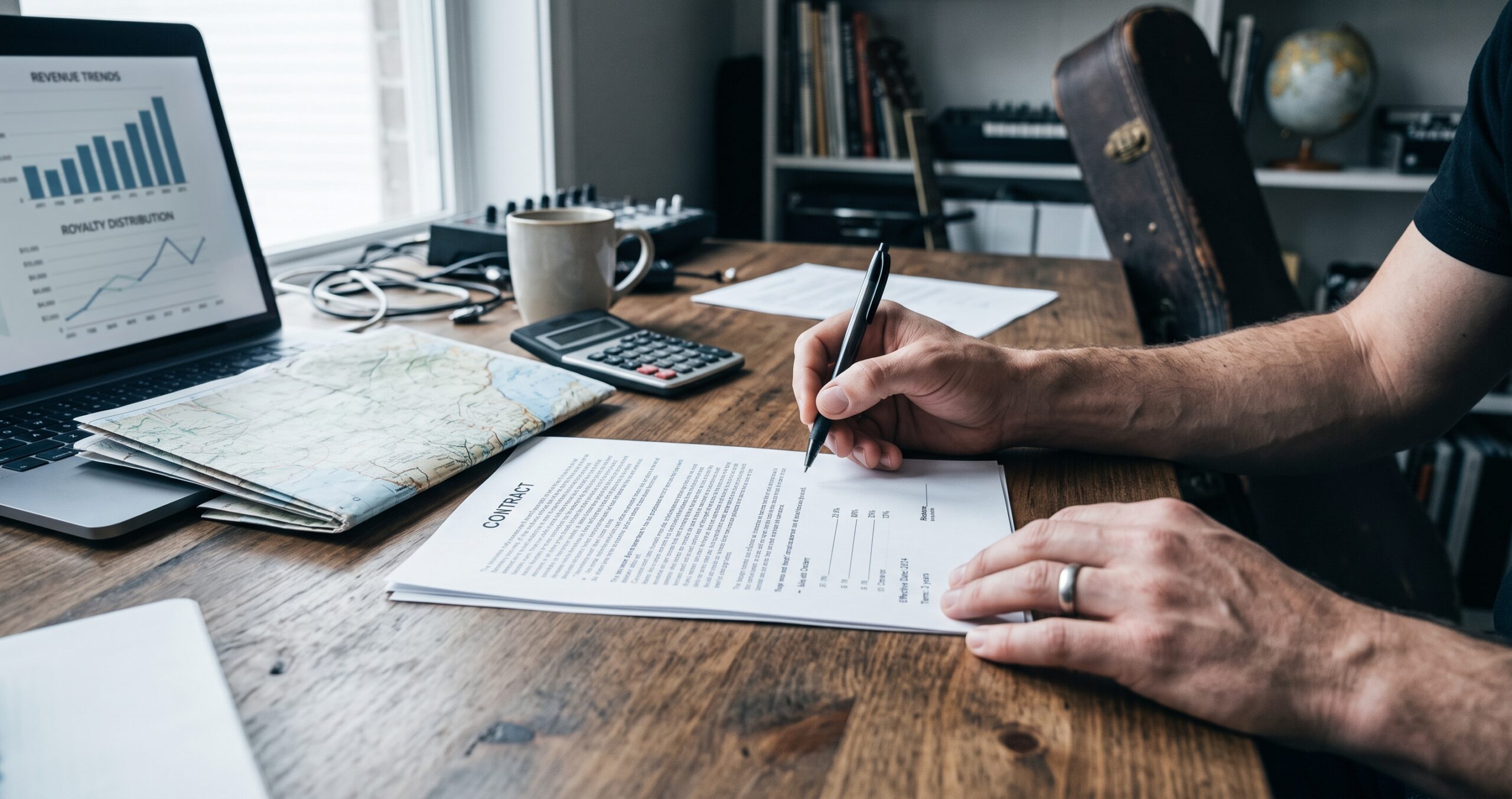 A songwriter's hands reviewing a printed contract at a desk, with a small globe and an out-of-focus guitar case nearby.