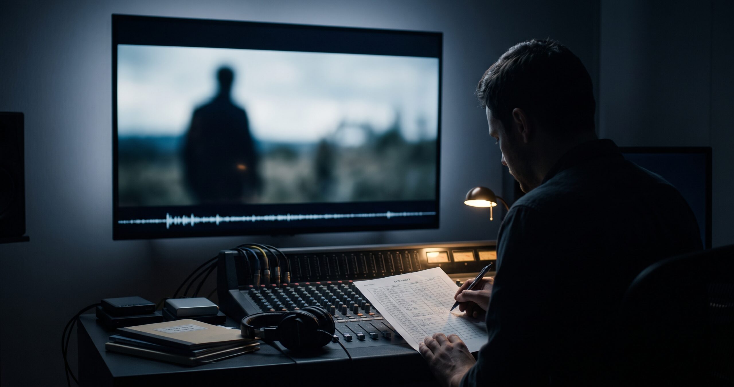 A silhouetted figure at a mixing console writing on a cue sheet, facing a large screen with blurred footage and a waveform overlay in a dark edit bay.