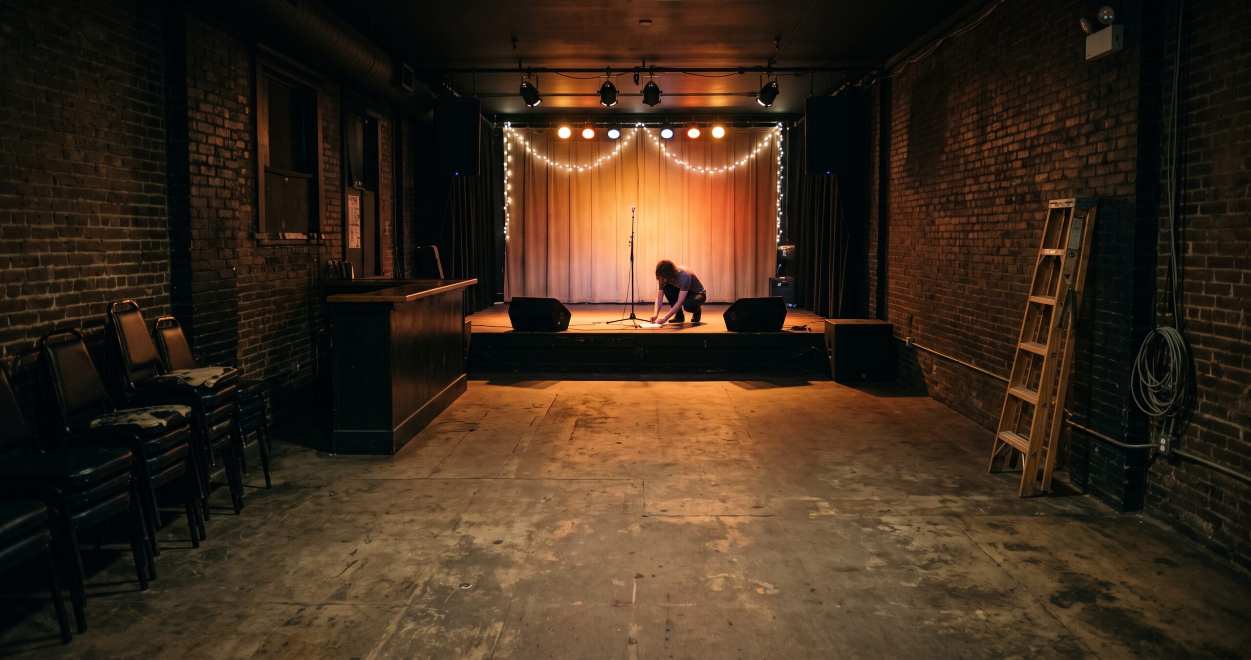 A lone performer kneeling on an empty small club stage, taping down a setlist near a mic stand before doors open.
