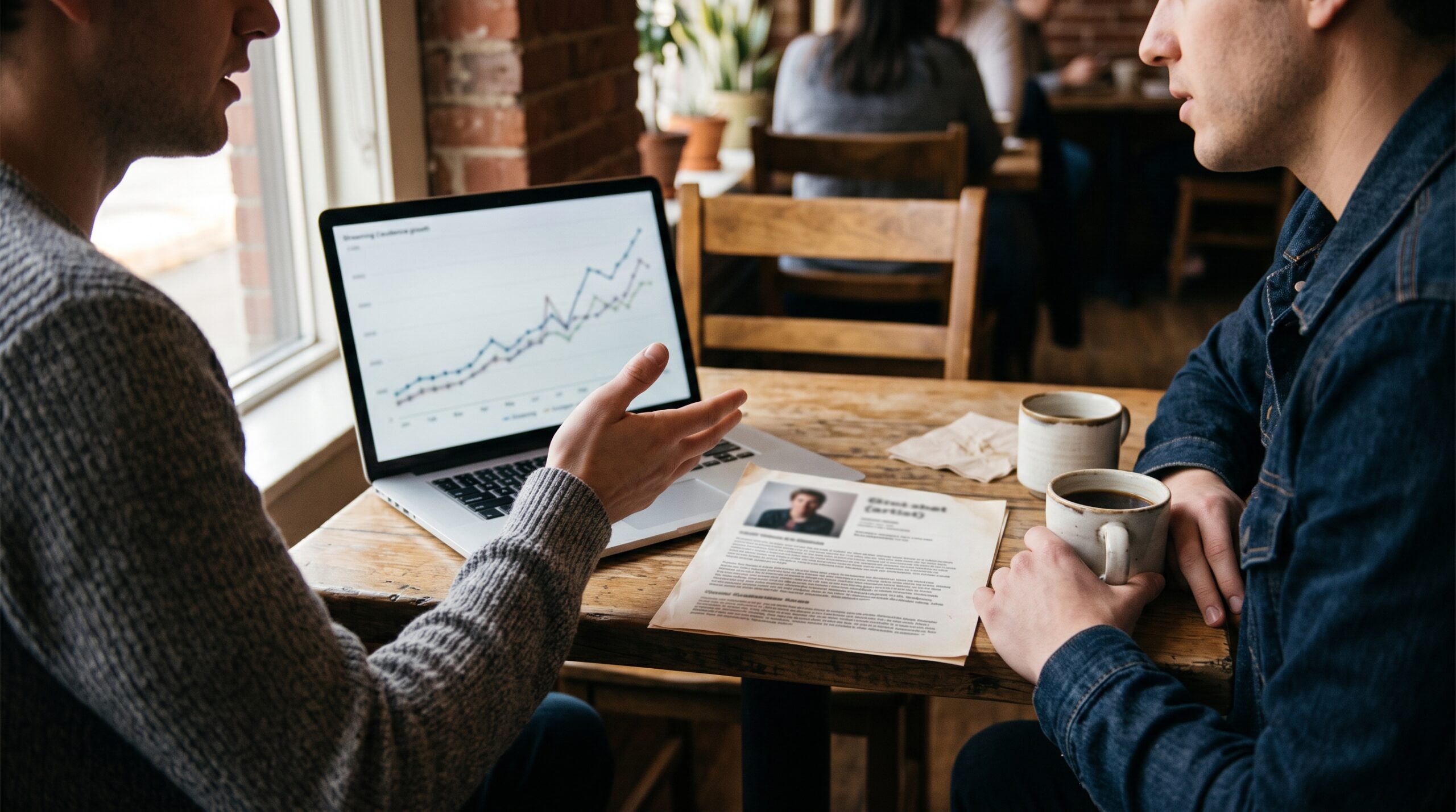 Two people at a café table in conversation, a printed one-sheet and a laptop showing a blurred growth graph between them.