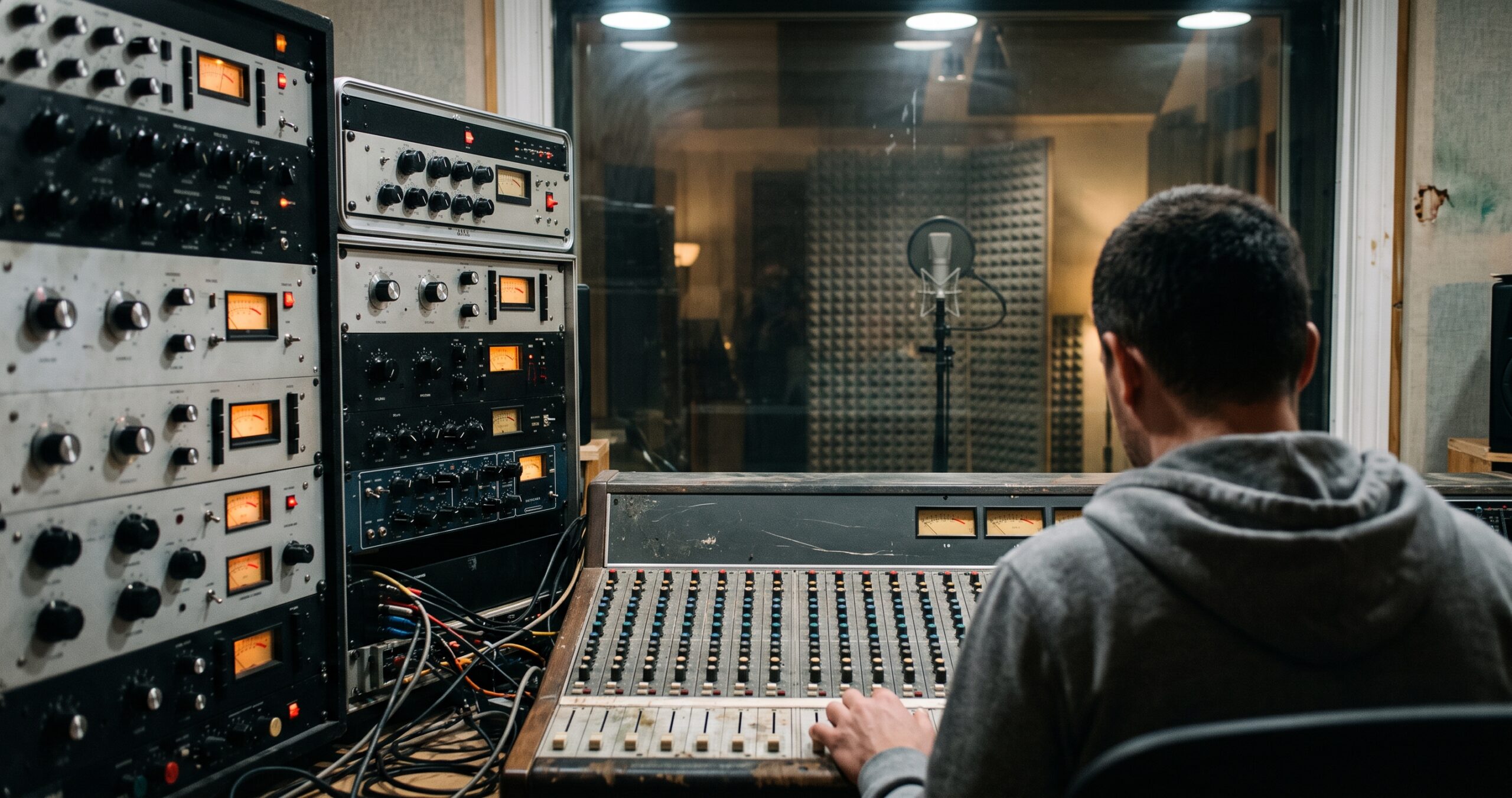 An engineer viewed from behind at a mixing console, with an outboard gear rack and a vocal booth visible through the control room window.