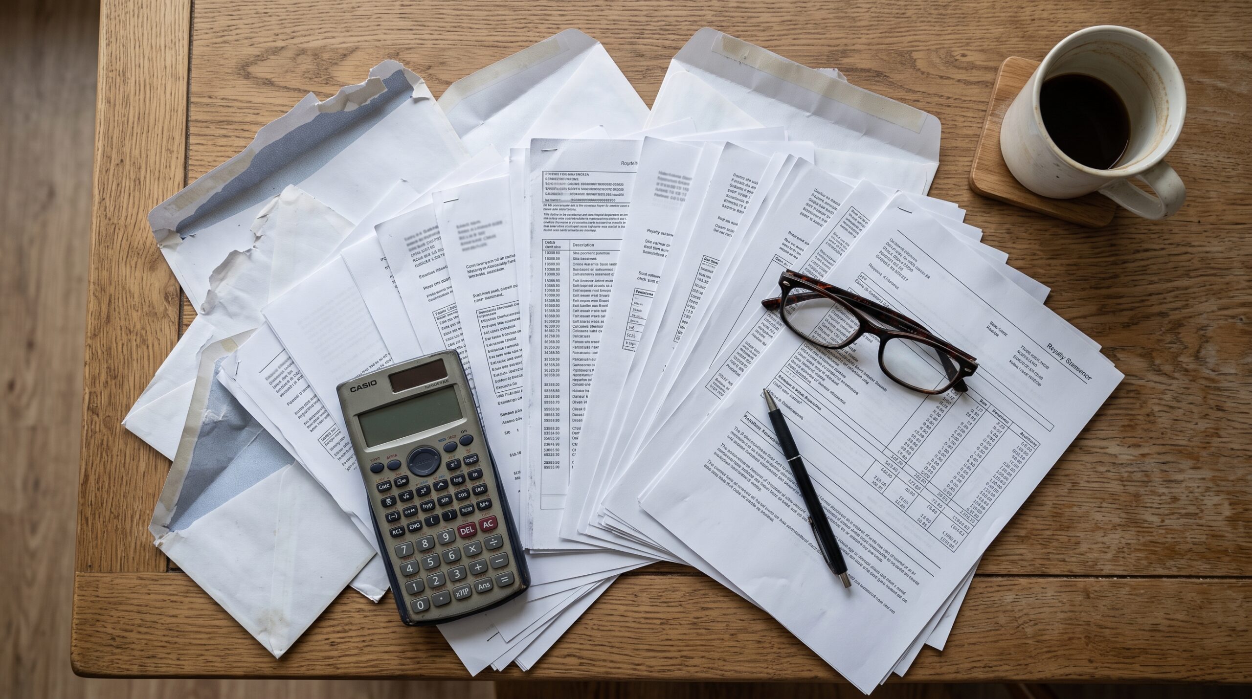 Fanned-out royalty statements, envelopes, a calculator, and reading glasses on a table, sorted for review.