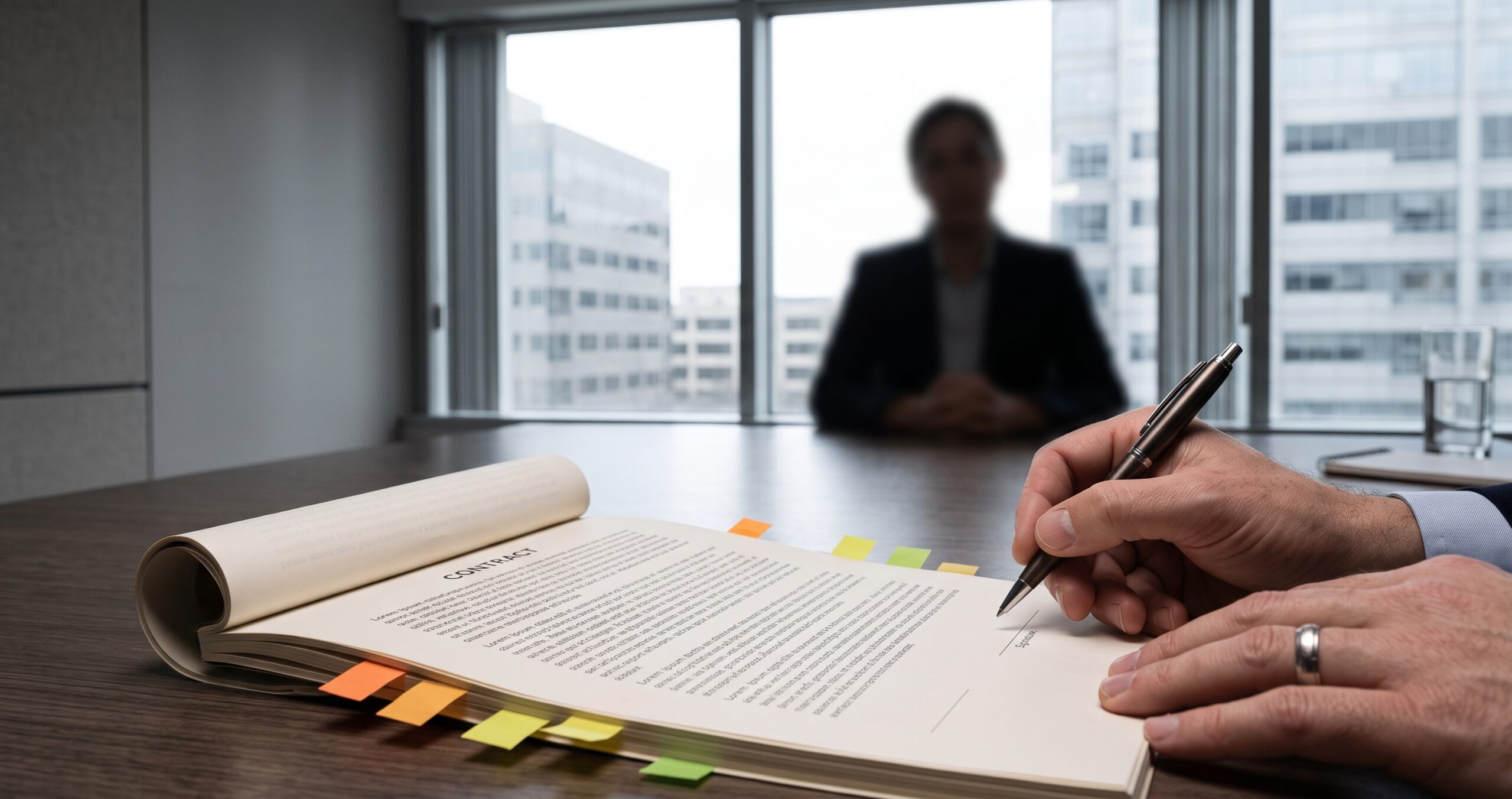 A hand holding a pen hesitates over the signature page of a thick contract, with a blurred figure seated across the table.
