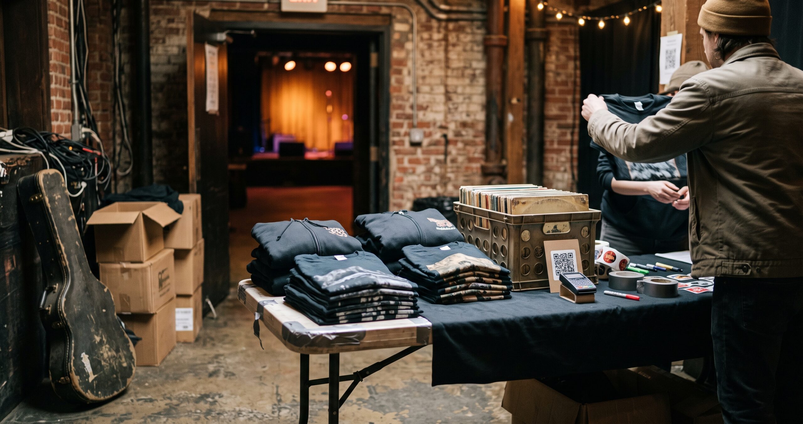 An artist at a venue merch table handing over a t-shirt, with stacks of shirts, a crate of vinyl records, a card reader, and a guitar case beside it.
