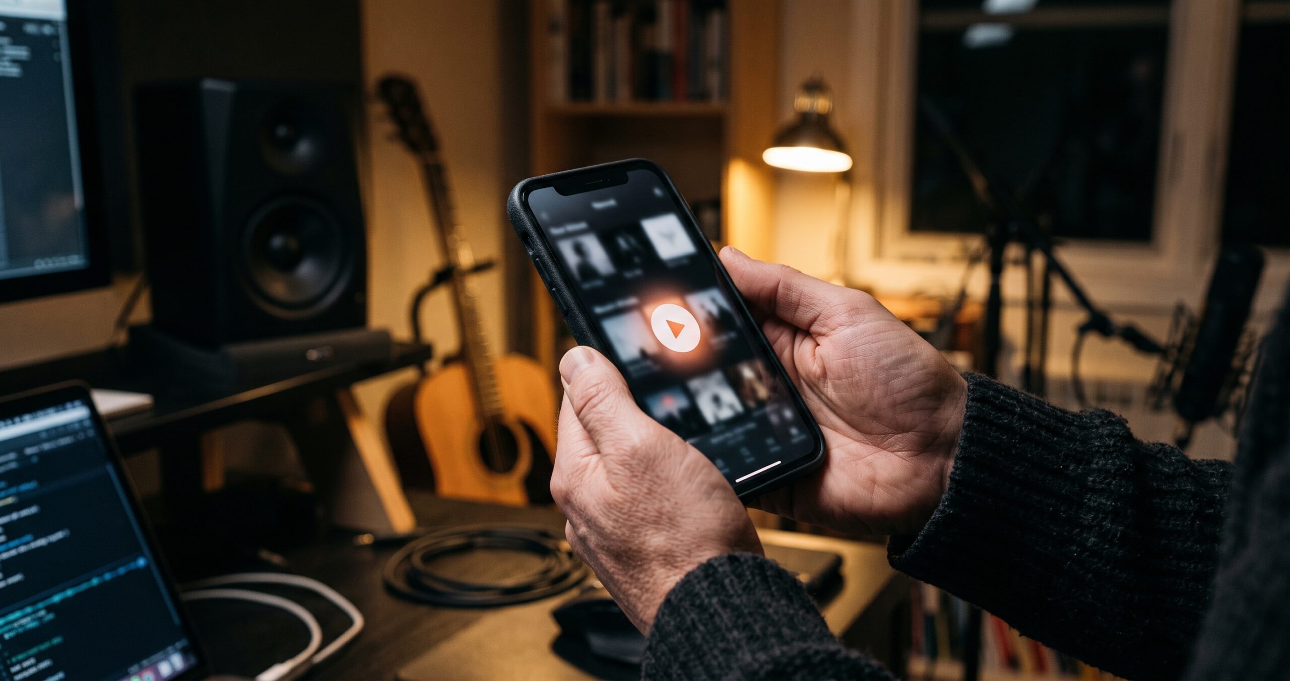 Hands holding a smartphone showing a grid of album covers, with a blurred home studio and speakers in the background.