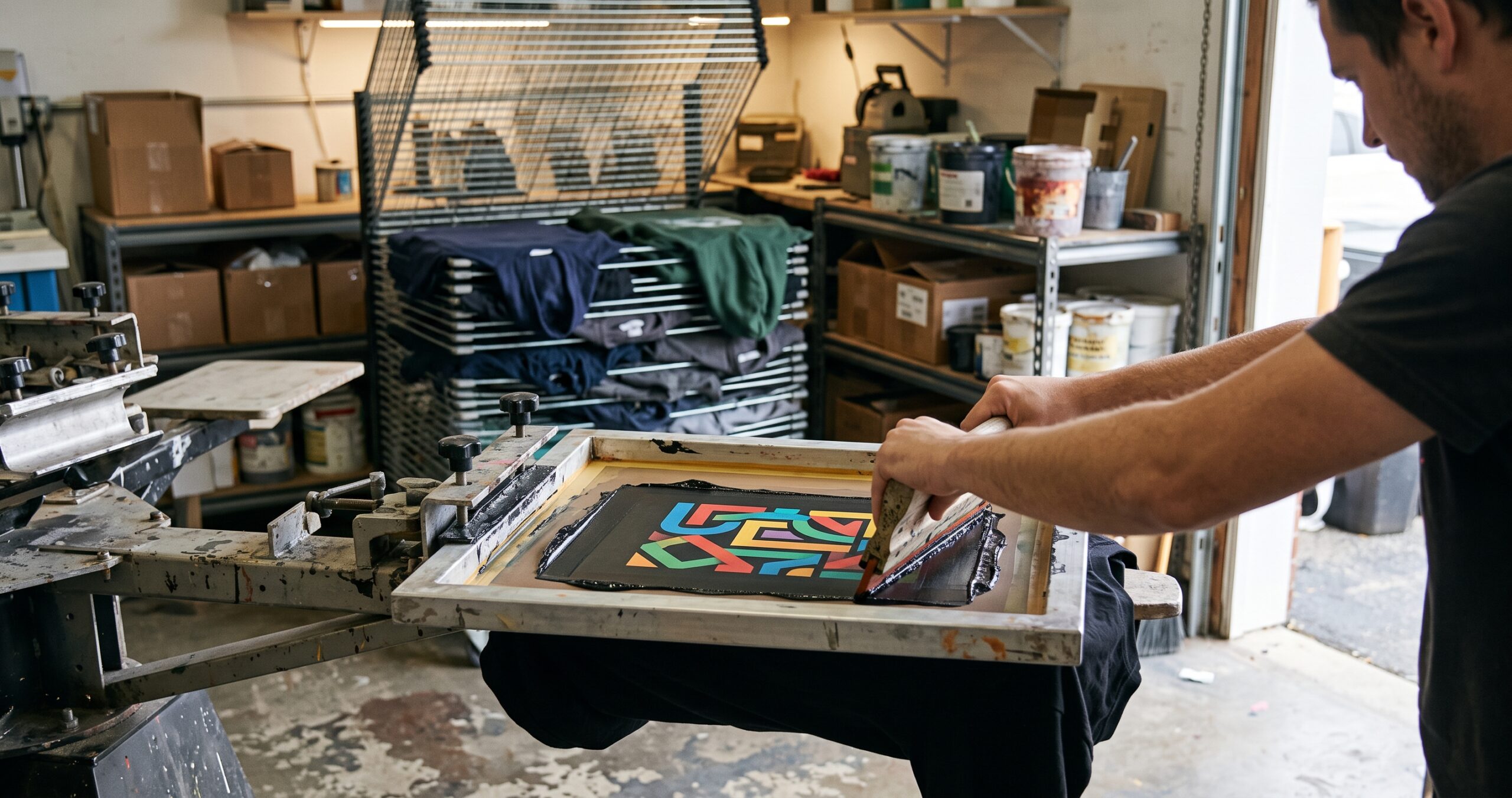 A screen printer pulling a squeegee across a mesh screen over a black t-shirt, with racks of finished shirts and hoodies behind.